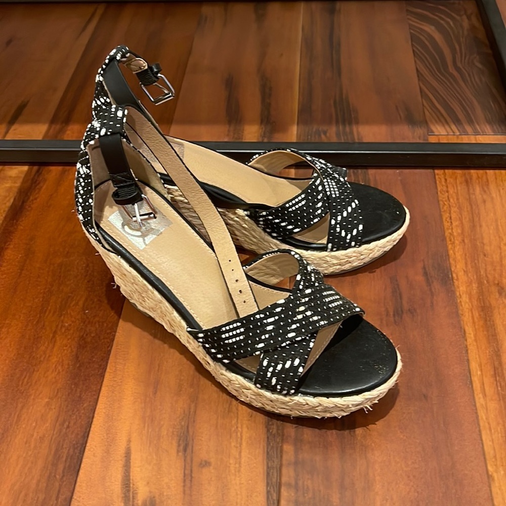 Black, white and straw ankle strap wedges